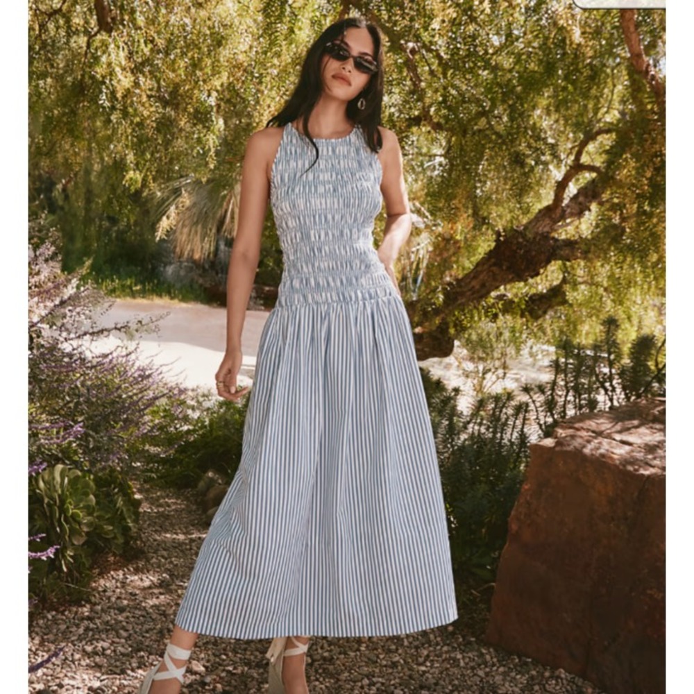Loft Striped Smocked Halter Midi Dress Sz XS Blue White